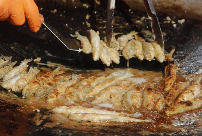 Участник традиционного праздника корюшки жарит рыбу на пляже Петропавловской крепости