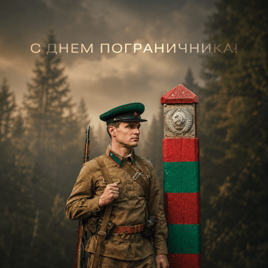 Открытка с Днем пограничника с гербом и праздничной надписью