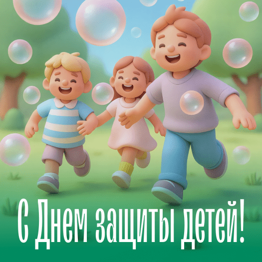 Открытка с Днем защиты детей с солнечным небом и улыбками: Бегом по траве, ветер в волосах и радостный смех — вот оно, счастливое детство